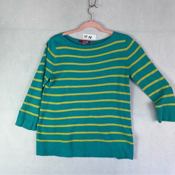 Boden Sweater Womens 6 Green Yellow Striped Boat Neck Cashmere Angora - Picture 6 of 12